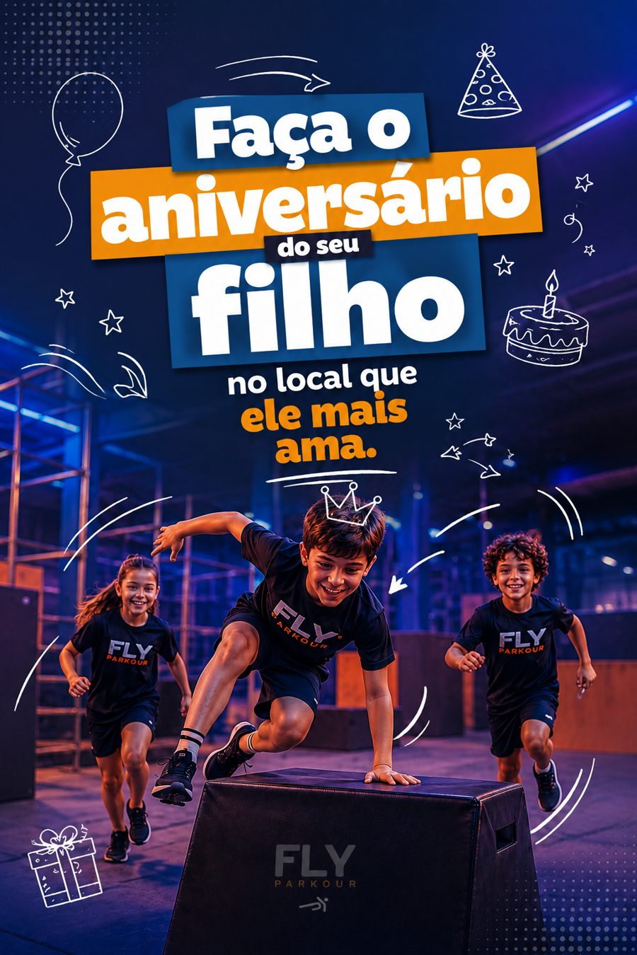 Crianças com camisetas da Fly Parkour pulando obstáculos em uma festa de aniversário